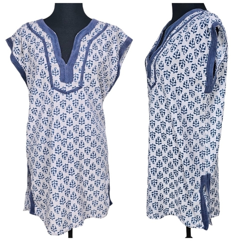 Madison Mathews Women Tunic Medium White V-Neck Beachy Vacation Cover Up Light